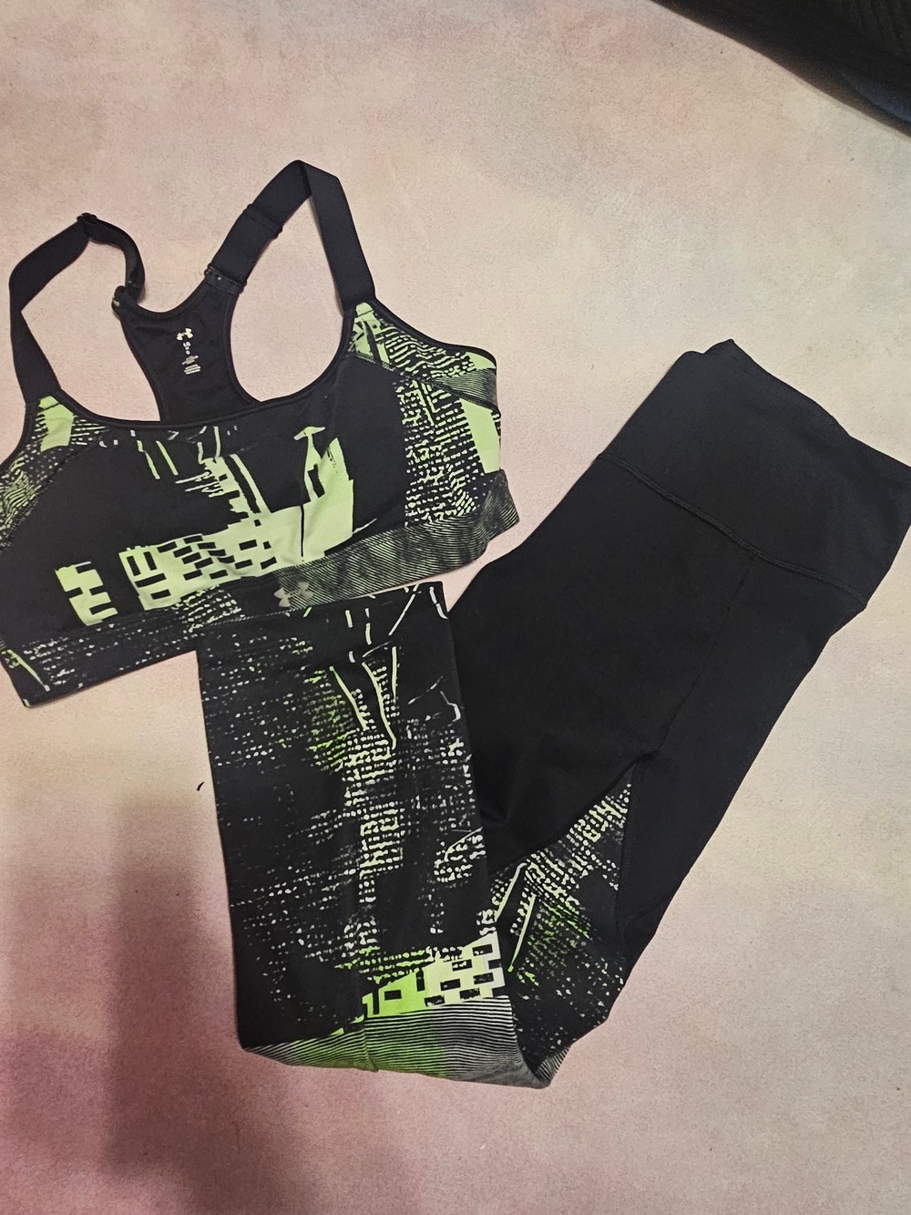 Under Armour Black & Neon Green Graphic Legging and Sports Bra Set